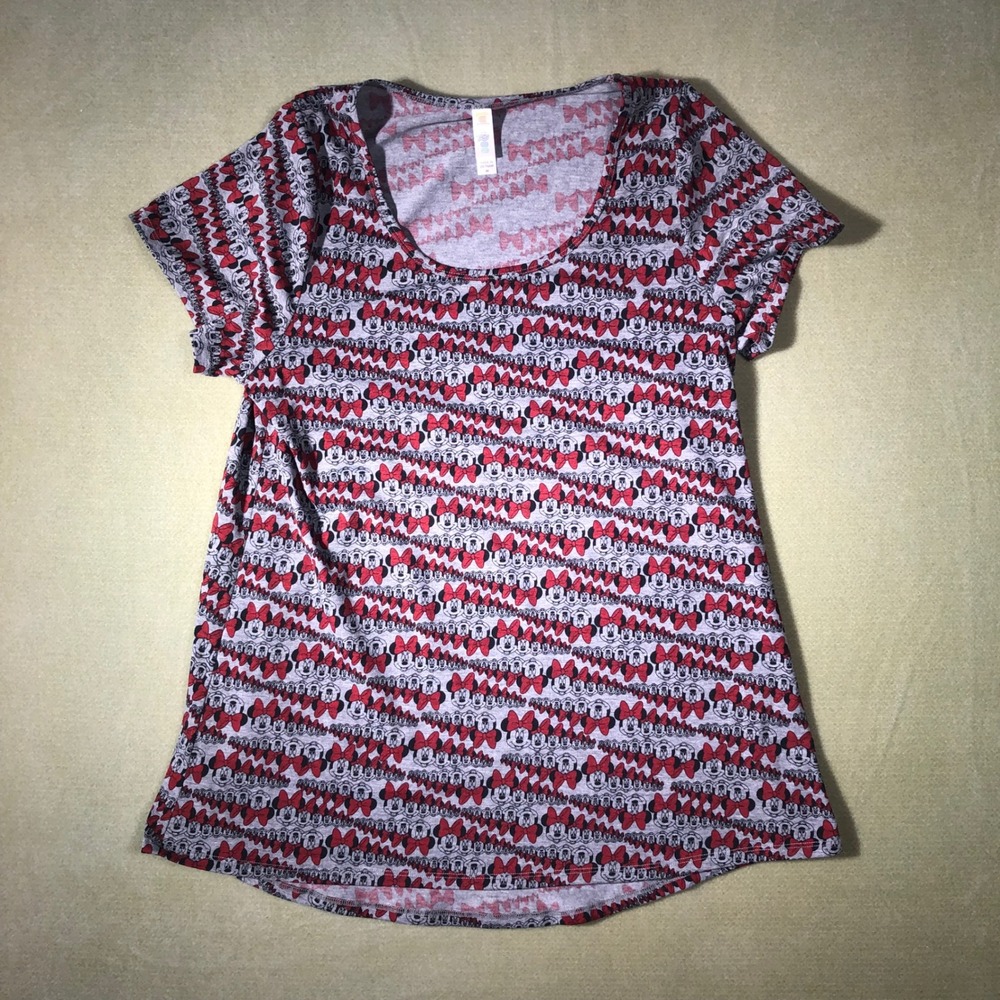 LuLaRoe Disney Top Womens M Gray Minnie Mouse Red Bow Short Sleeve Scoop Neck